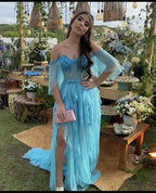 Robe de bal longue bleue à épaules dénudées, charmante robe de soirée bleue Y2395
