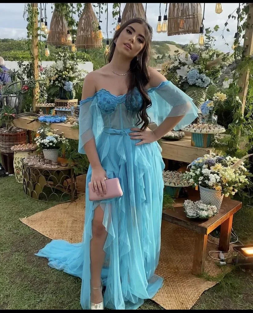 Robe de bal longue bleue à épaules dénudées, charmante robe de soirée bleue Y2395