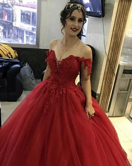 Tüllballkleid mit Applikationen, schulterfreies Kleid Y1260