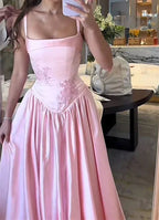 Robe de soirée longue en satin rose élégante, coupe trapèze, bretelles fines, robe de bal Y7820