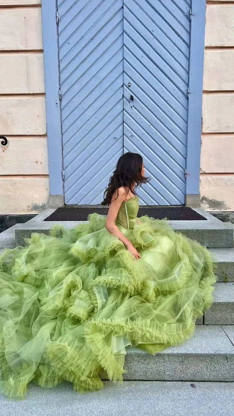 Vestidos largos de tul verde para baile de graduación, vestidos formales de noche en línea A Y2029