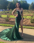 Robe de bal longue verte en velours, sexy, sans bretelles, fendue, sur mesure pour femme Y1422