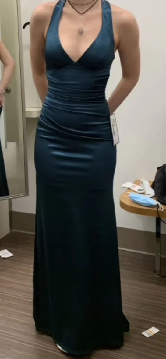 Robe longue de soirée formelle pour femmes, bleu sarcelle, dos à bretelles, en satin, sans manches, robe de soirée Y2928
