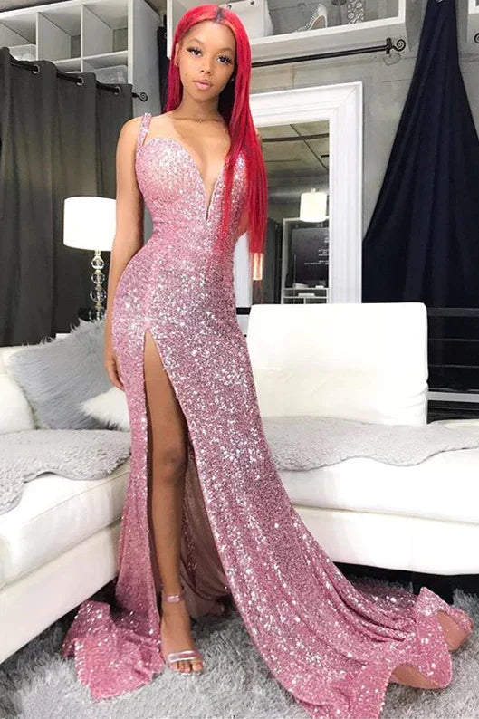 Vestidos de fiesta baratos con lentejuelas rosas | Vestidos largos formales de noche con abertura sexy estilo sirena Y978