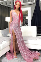 Vestidos de fiesta baratos con lentejuelas rosas | Vestidos largos formales de noche con abertura sexy estilo sirena Y978