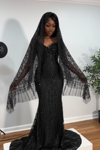 Crimson Ruby Heiress Mermaid Gown With Hand Beaded Crystal Encrusted Hooded Veil
