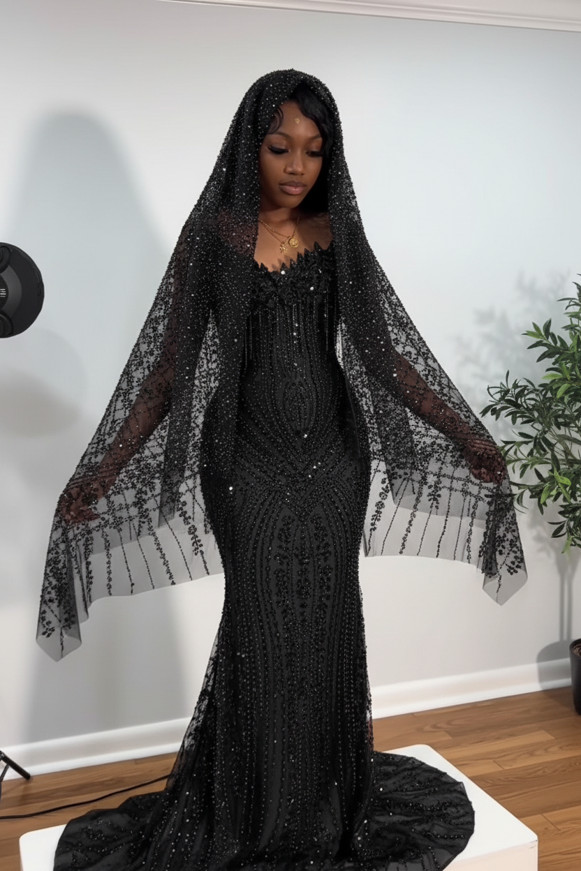 Crimson Ruby Heiress Mermaid Gown With Hand Beaded Crystal Encrusted Hooded Veil
