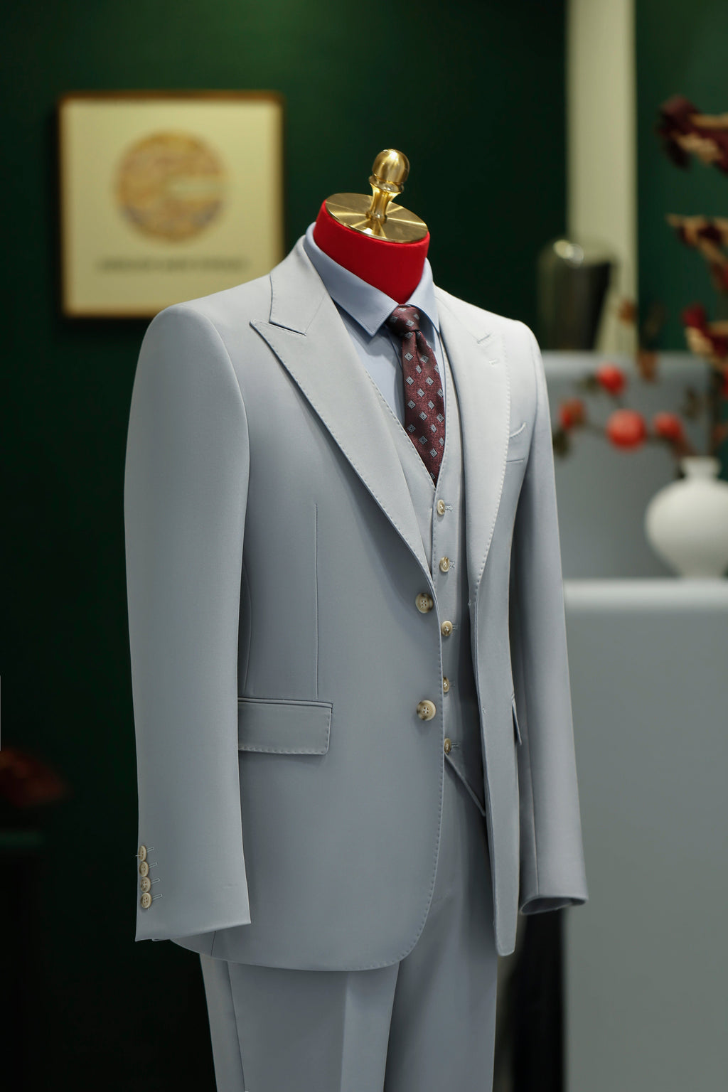 Three Piece Light Grey Wool Suit With Tailored Blazer Waistcoat And Trousers