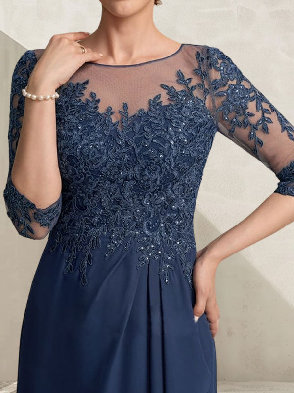 A-line Scoop Illusion Asymmetrical Lace Chiffon Mother of the Bride Dress With Sequins Cascading Ruffles