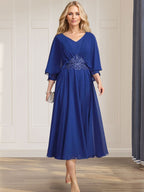 A-line V-Neck Tea-Length Chiffon Mother of the Bride Dress With Pleated Sequins Appliques Lace Beadind