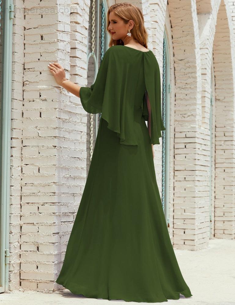 Bridesmaid Dress Women Long Sleeve V-Neck Chiffon Formal Wedding Party Dress 28018