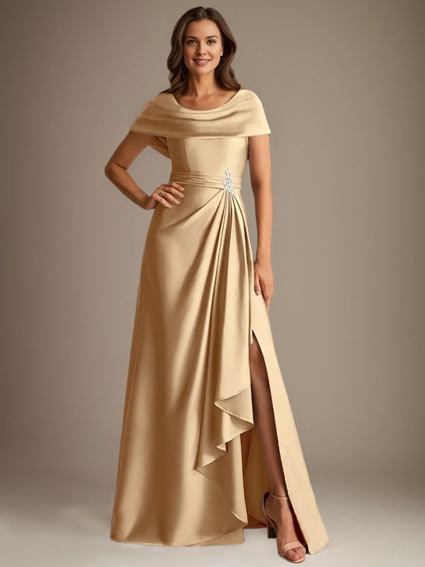 A-Line Scoop Floor-Length Stretch Satin Mother of the Bride Dress With Cascading Ruffles