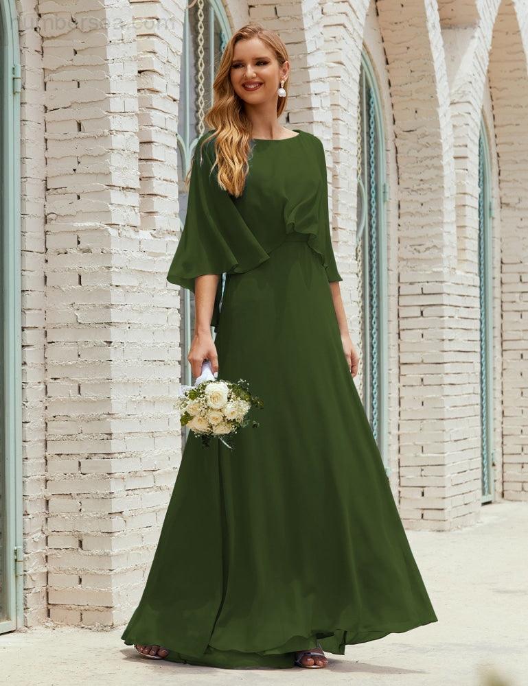 Bridesmaid Dress Women Long Sleeve V-Neck Chiffon Formal Wedding Party Dress 28018