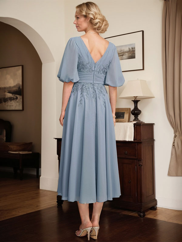 A-line V-Neck Tea-Length Lace Chiffon Mother of the Bride Dress With Pleated