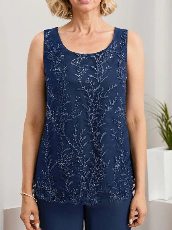 Macacão/Conjunto de Calças com Decote Redondo, Comprimento até ao Chão, em Renda e Chiffon, Vestido de Mãe da Noiva com Lantejoulas