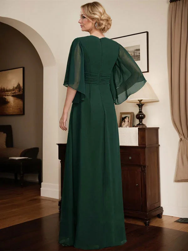 Vestido de Mãe da Noiva em Chiffon, Comprimento até ao Chão, Decote em V, Modelo Coluna com Pregas e Bordados de Lantejoulas
