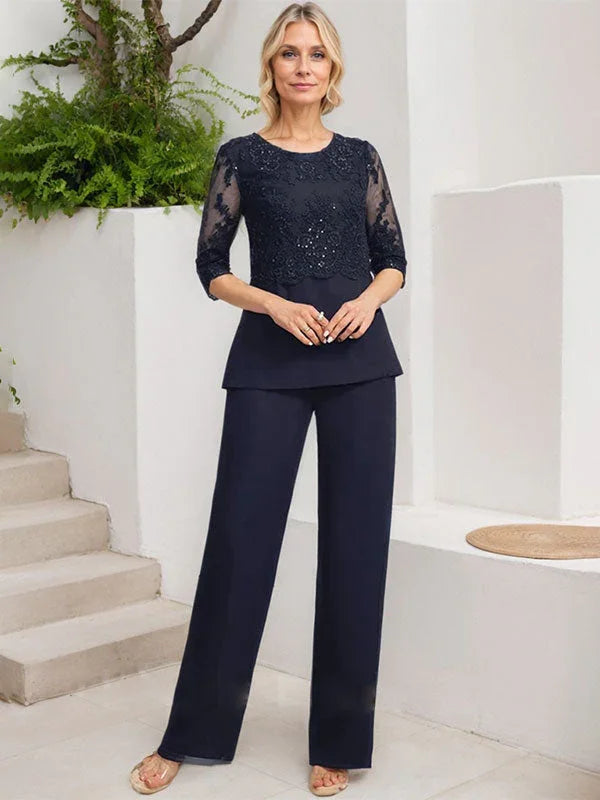 Combinaison/Pantalon Séparés Col Rond Longueur Sol en Mousseline Dentelle Robe de la Mère de la Mariée avec Paillettes