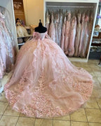 Vestidos cor-de-rosa para Quinceanera com ombros descobertos, flores, apliques de renda, contas, saia rodada, para festa, princesa, doce 16, vestido de baile Y2936