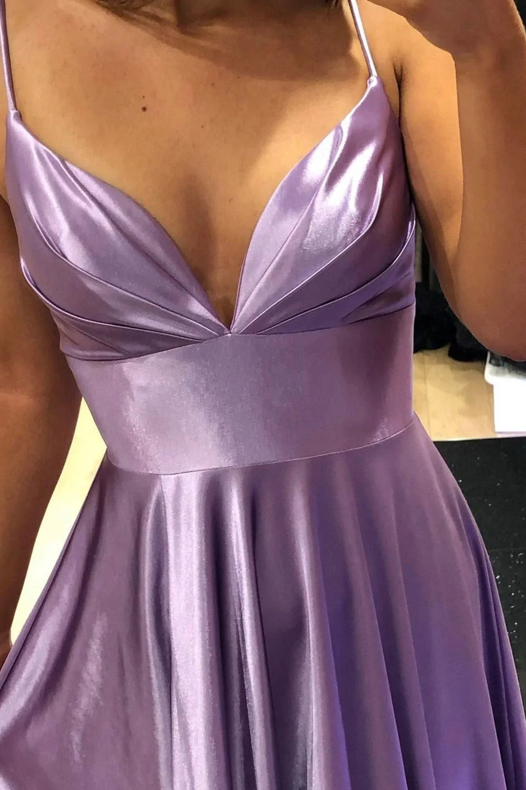 Robe de bal longue en satin violet à col en V, simple, coupe droite, robe de soirée Y927