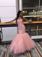 Robes de soirée élégantes sirène/trompette en tulle rose sans manches Y1094