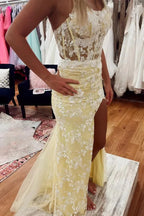 Vestido de Noite de Sereia Partida Amarelo Floral Y6465