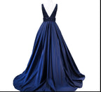 Robe longue de soirée pour femme bleu marine col en V sans manches dos ouvert ornée de perles robe de soirée formelle Y1193