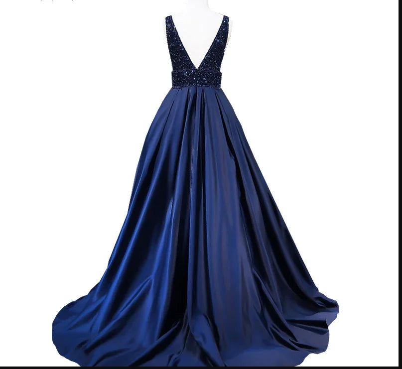 Robe longue de soirée pour femme bleu marine col en V sans manches dos ouvert ornée de perles robe de soirée formelle Y1193