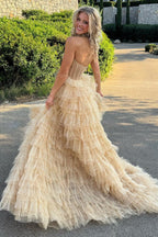 Roycebridal Aubriella | Abito da cerimonia a linea ad A senza spalline con corsetto, tulle scintillante e balze