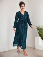 A-Line V-Neck Long Sleeves Velvet Tea-Length Mother of the Bride Dress With Split