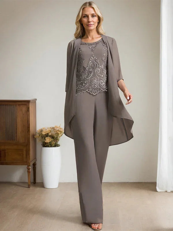 Tuta Separata/Completo Pantaloni Scollo a U Lunghezza Pavimento Chiffon Pizzo Abito Madre della Sposa con Perline e Paillettes