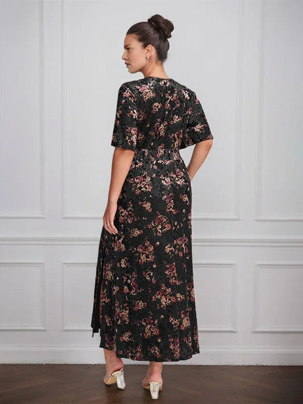 Vintage Plain V-Neck Short Sleeves Velvet Tea-Length Mother of the Bride Dress With Slit