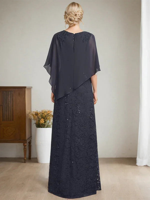 Etui/Säulenförmiges Bodenlanges Kleid aus Chiffon und Spitze für die Brautmutter mit Paillettenperlenstickerei
