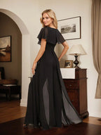 Tuta elegante da sera in chiffon, scollo a V, lunghezza fino al pavimento