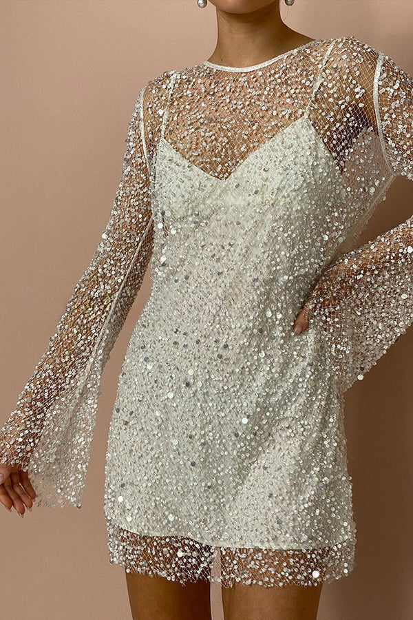 Robe courte en tissu à paillettes et perles scintillantes avec jupon séparé