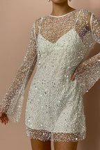 Robe courte en tissu à paillettes et perles scintillantes avec jupon séparé