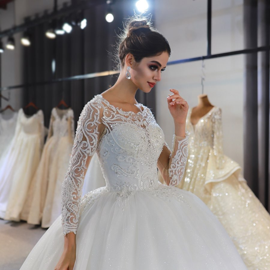 Bateau Neckline Floor Length Long Sleeves Wedding Dress With Lace Appliques