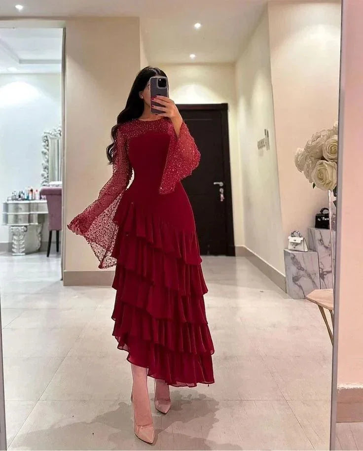 Vestido de Baile com Lantejoulas para Senhora, Vestido de Festa em Chiffon com Camadas, Borgonha, Y7616