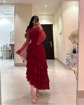 Vestido de Baile com Lantejoulas para Senhora, Vestido de Festa em Chiffon com Camadas, Borgonha, Y7616