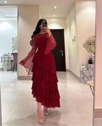Vestido de Baile com Lantejoulas para Senhora, Vestido de Festa em Chiffon com Camadas, Borgonha, Y7616