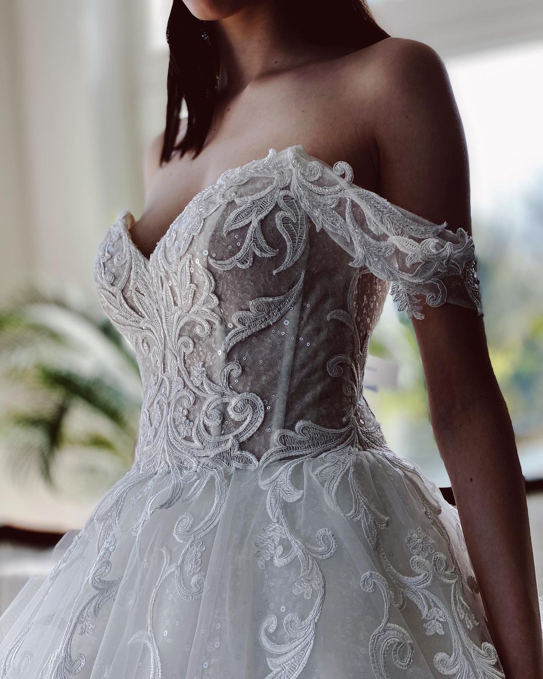 Stunning Tulle Long A Line Wedding Dress With Off The Shoulder Neckline