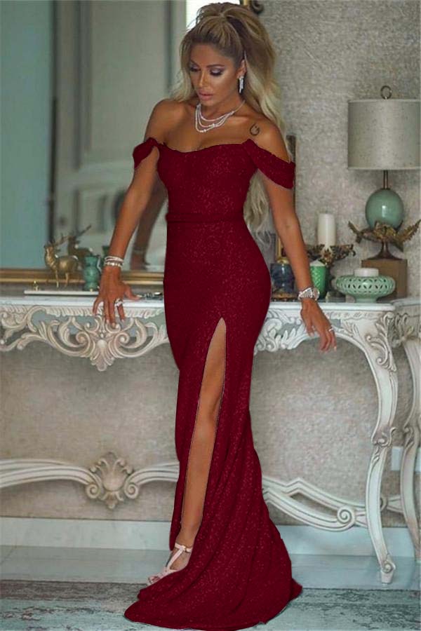 Pink Sequins Off Shoulder Mermaid Prom Dress With Slit Custom Colors And Sizing