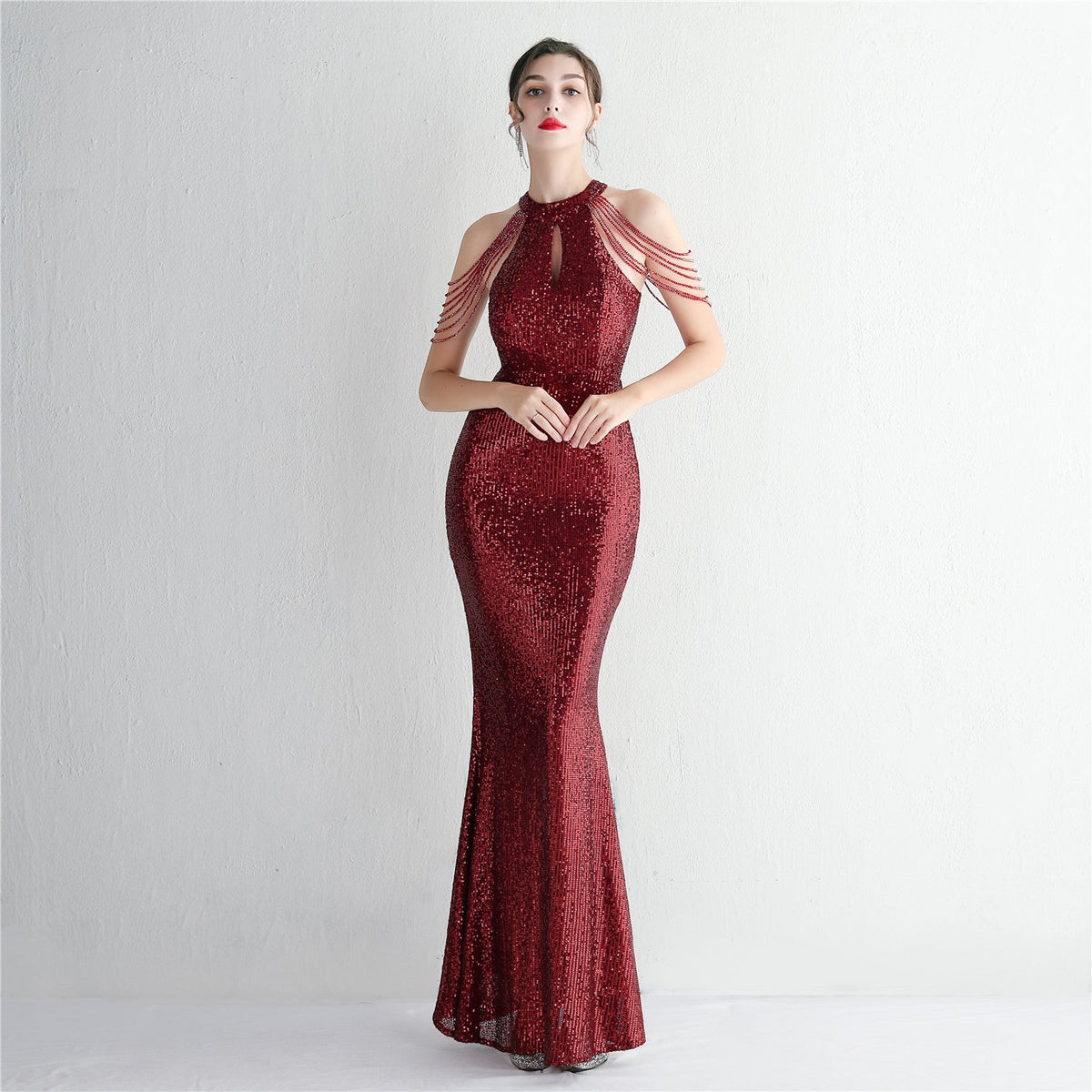 Pailletten Craft Perlen Cocktail Abendkleid Elegante Lange Neckholder Slim Fit Fischschwanz 