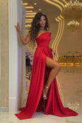 Vestido longo de baile vermelho escarlate com um ombro só e racha dramática