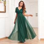 Vestido de noite de manga curta com decote em V duplo Sequ bordado costura vestido de festa longo elegante vestido de tule linha a