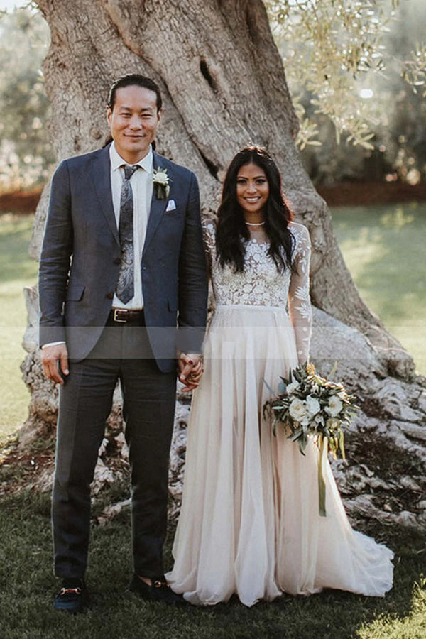 Stylish Lace Long Sleeves Scoop Sweep Train A Line Wedding Dress