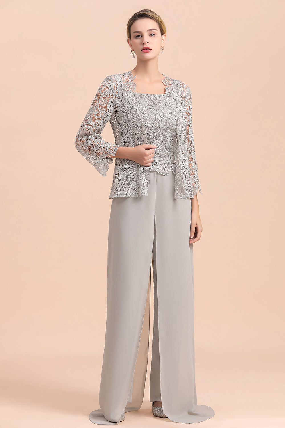 BMbridal Elegant Silver Lace Top Chiffon Mother of Bride Jumpsuit Online with Wrap
