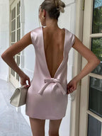 Taruxy cetim mini vestido para mulheres sexy sem costas arco roupas sem mangas vestidos de tanque femme 2023 festa elegante vestido de noite mulher