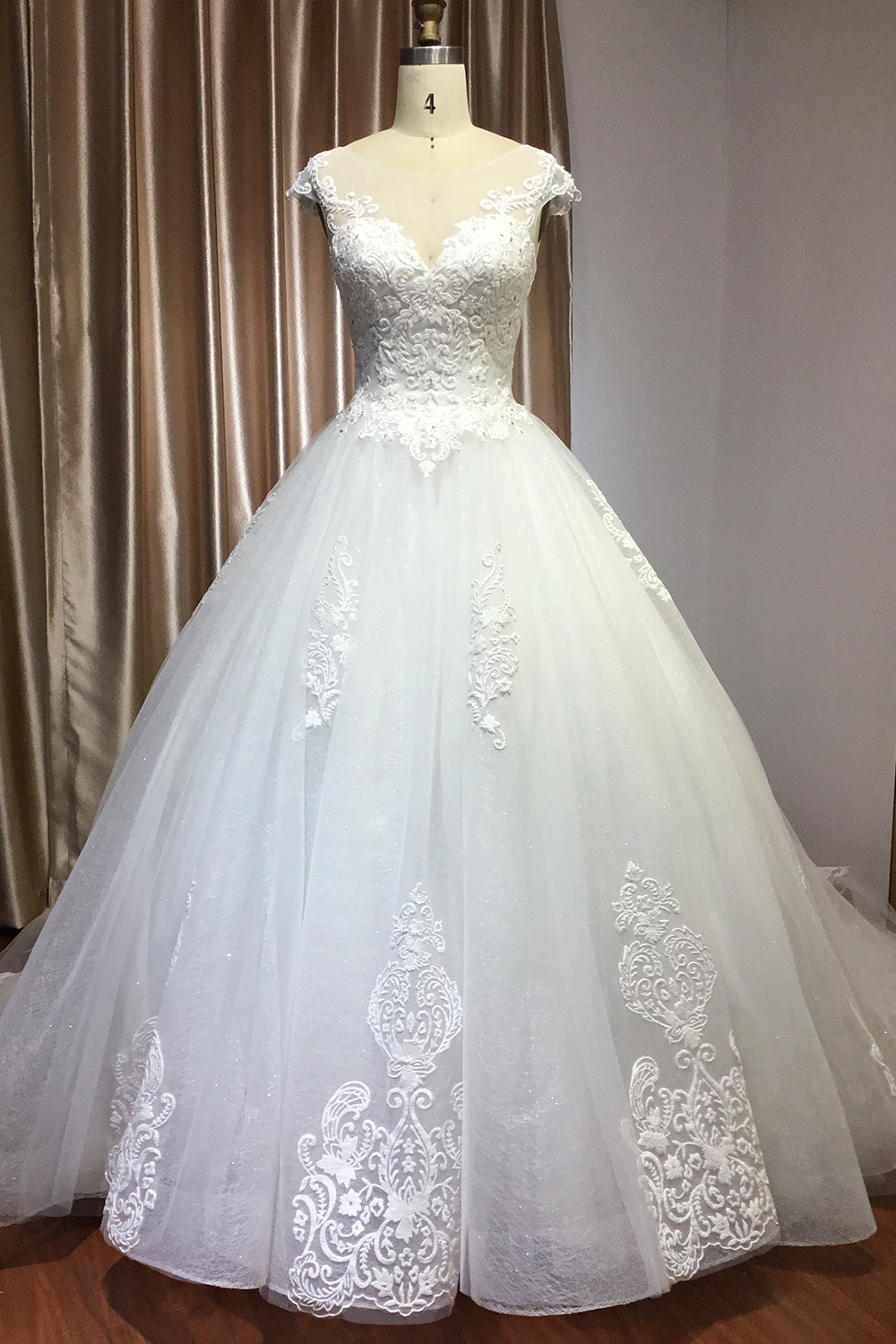 Cap Sleeve Ball Gown Wedding Dress With Sheer Tulle And Lace V Neck
