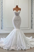 Bmbridal Mermaid Lace Appliques Wedding Dress With Spaghetti Straps Sleeveless