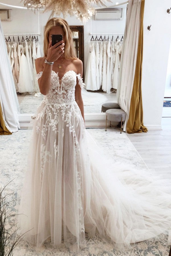 Champagne Tulle Off Shoulder Wedding Dress With Appliques A Line Chapel Train